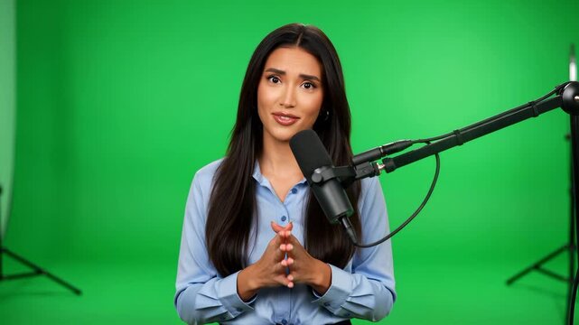 Diverse woman presenter broadcasting podcast on green screen