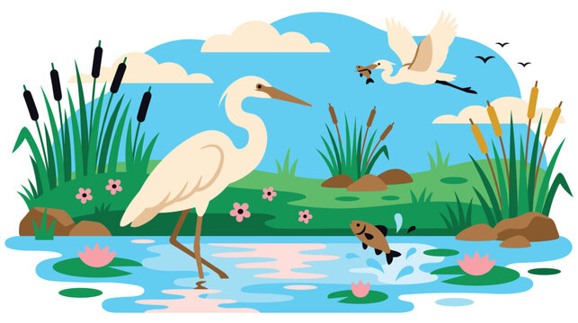 White egret birds hunting for fish in beautiful wetland.