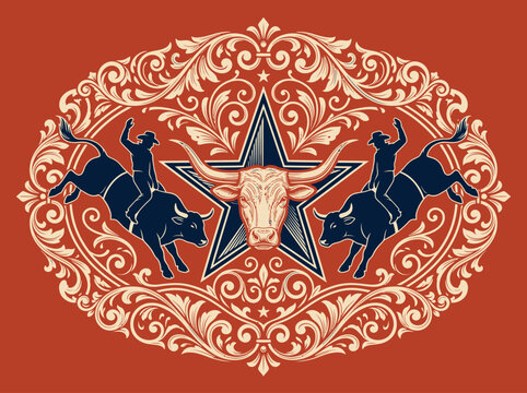 Vintage Western Rodeo Illustration with Bull Riders and Longhorn Star