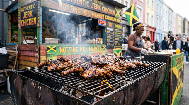Close-up photo of Jamaican jerk chicken being grilled on a roadside barbecue at the Notting Hill Carnival 