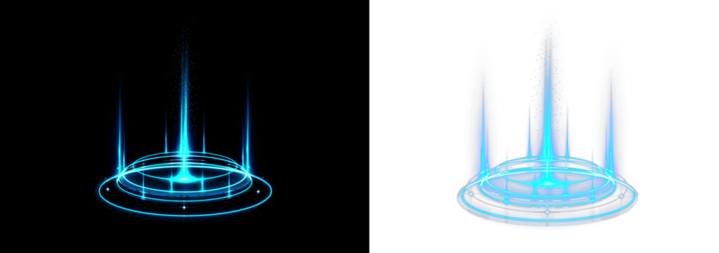 Magical teleport gateway sparkles with luminous rings and layered holographic light. Blue glow emphasizes the futuristic concept