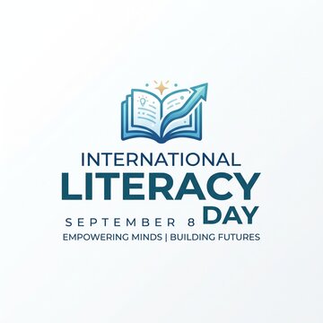 International literacy day logo design with an open book icon and arrow growth concept for education