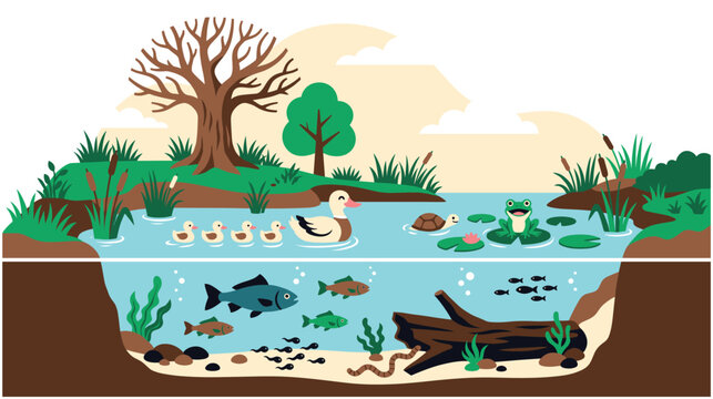 Pond life cross section with animals above and below.