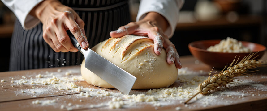 Baking dough scraper on floured bench