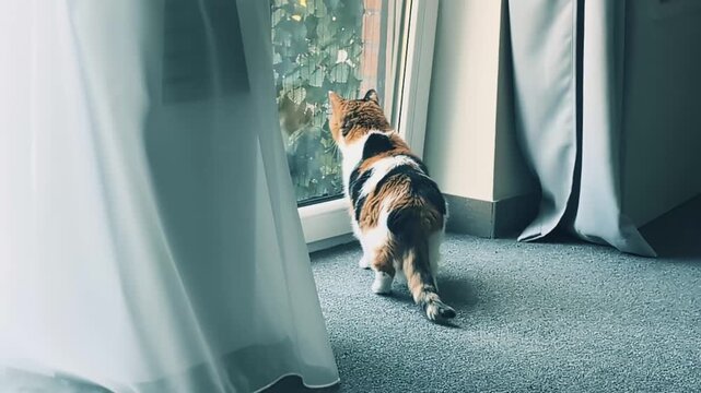Cat watches movements outside from a window in a house during day time with a peaceful view of the yard