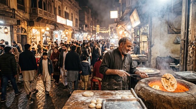 A local baker dressed in a traditional skullcap and dark shirt reaches down to place fresh flatbread into a fiery, glowing clay tandoor oven.