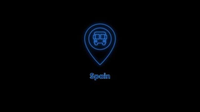 Neon spain travel map pin with bus symbol animation for tourism and transport apps
