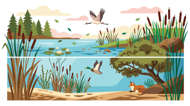 Wetland nature scenery with bird and fox in landscape.
