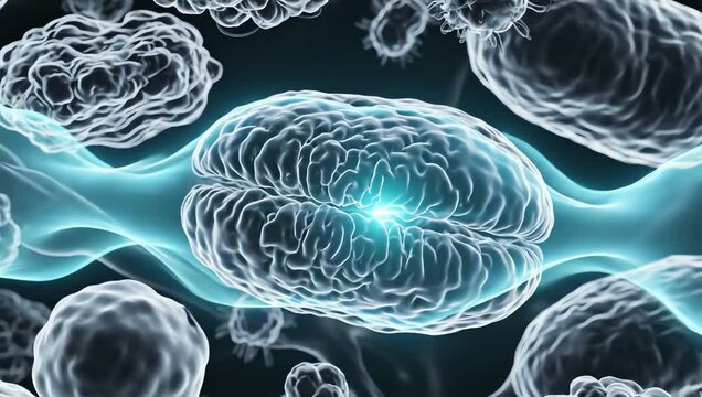 Mitochondria producing cleaner cellular energy after green tea effects, glowing energy pulses spreading rhythmically through transparent human cells