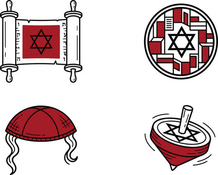 Traditional Jewish religious items line icons set featuring torah scroll kippah hat and spinning dreidel vector graphics