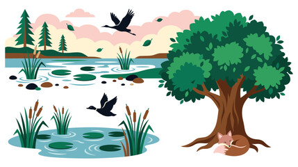 Marsh landscape with birds fox and green pond scenery. © GW