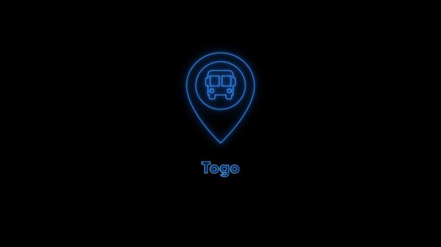 Neon togo travel map pin with airplane animation for tourism and logistics projects