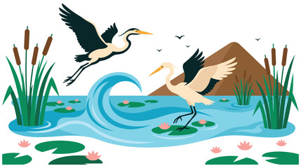 Fototapeta premium Heron and egret birds flying over blue water wetland.