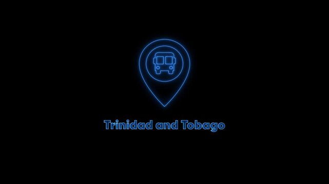 Neon map pin with bus and airplane symbol for trinidad and tobago travel concept glowing