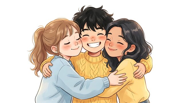 Three friends embracing digital illustration with soft coloring