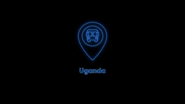 Uganda travel destination neon map pin with airplane and bus symbols animation tourism