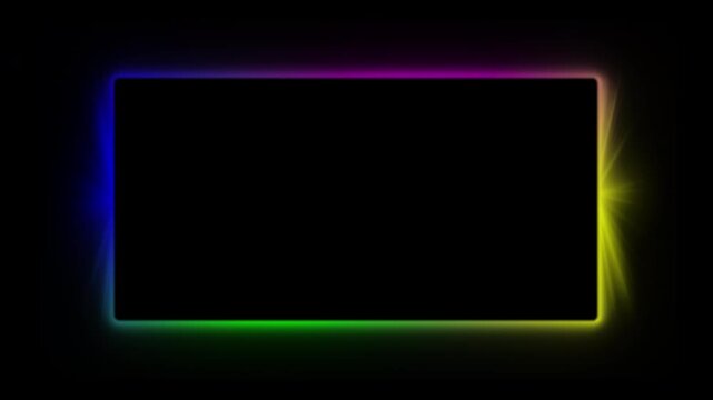 Abstract multi colored neon rectangle border animation with dynamic glowing flares, vibrant spectrum geometric frame line with shifting light beams transparent 4K