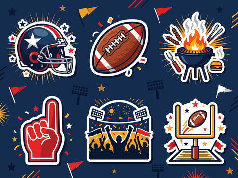 American Football Sticker Set Featuring Helmet Stadium BBQ and Tailgating Icons