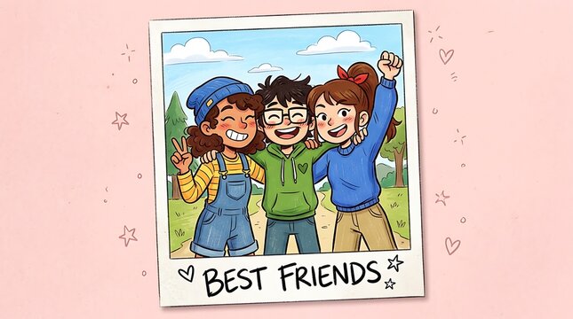 Illustration Of Three Friends Posing Colorful Digital Art Style