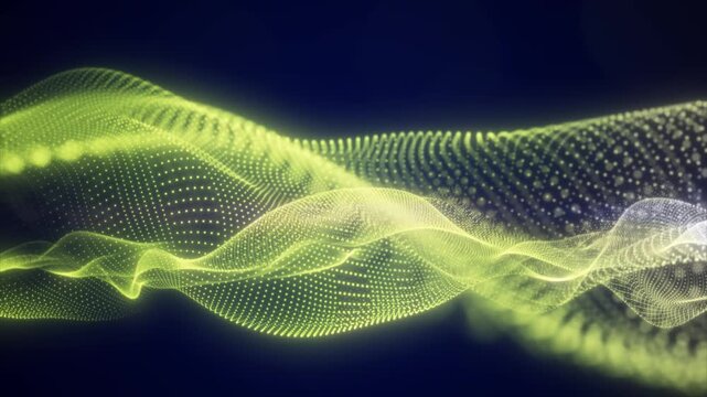 Glowing yellow digital particle wave on dark background, representing futuristic data flow, energy, network, and abstract technology.