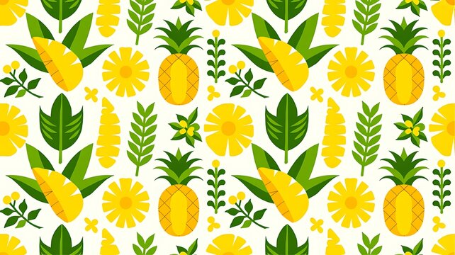 A vibrant and cheerful seamless pattern featuring ripe pineapples and tropical green leaves
