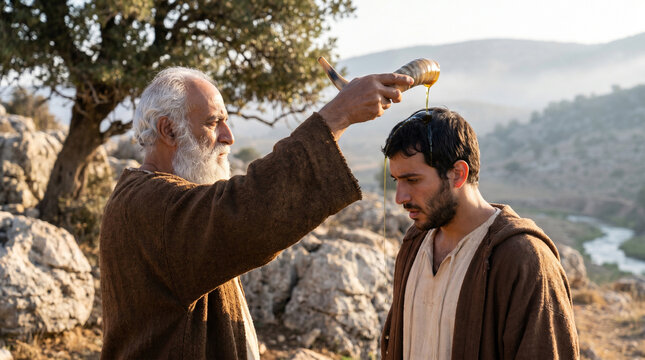 Biblical scene. Samuel anointing Saul with oil in a serene natural landscape