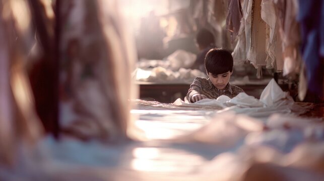 Child folds clothes in a busy market area during the late afternoon sunlight in a textile shop