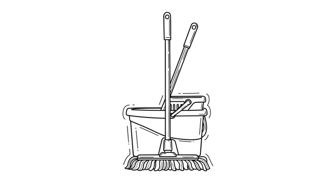 Cleaning tools including mop and bucket illustration.