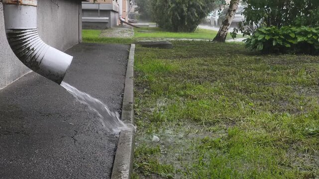Water flows from a drainpipe during a heavy summer rain. A summer rainstorm in the city
