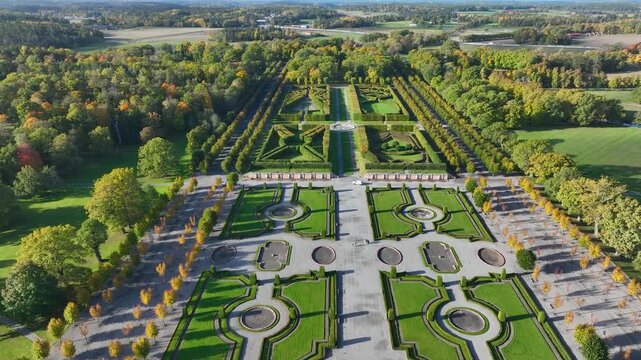 Stockholm. Aerial drone view of the capital of Sweden, popular tourist attraction, gardens of Drottningholm Castle (Drottningholms Slott), residence of the Swedish King - panorama of Europe from above