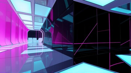 Fototapeta premium Futuristic corridor glows with vibrant neon lights. Dark space contrasts bright pinks, blues, creating immersive scene. Reflections abound.