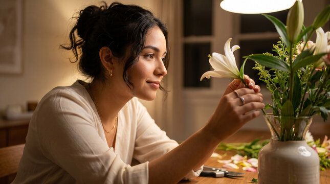 A young woman with a smile arranges flowers in a vase at a cozy table, bathed in warm light.