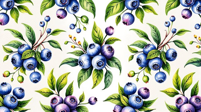 Watercolor seamless pattern of vibrant blueberries with green leaves and branches on a white background