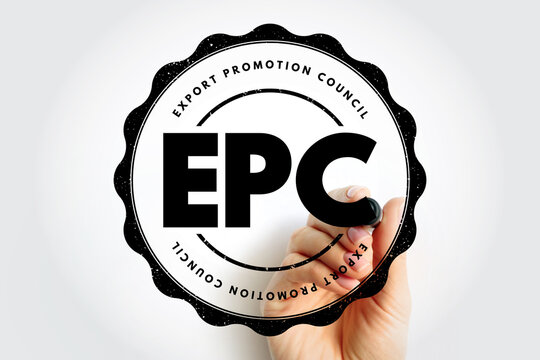 EPC EXPORT PROMOTION COUNCIL stamp with hand using marker, circular badge featuring bold EPC text and full wording around border, trade and export concept shown in a clean professional graphic layout