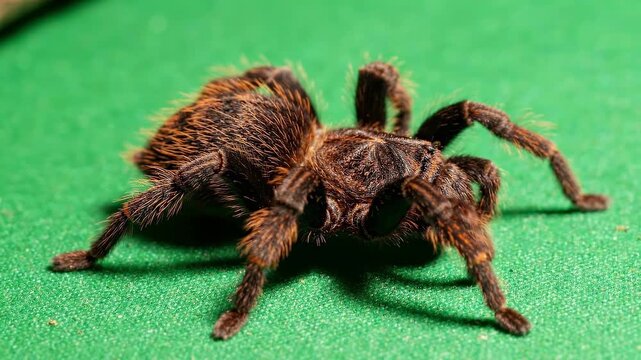 Close up of a large hairy tarantula spider on a green surface.