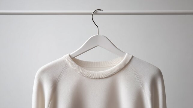 hanger. A single elegant garment hangs on a minimalist hanger against a clean white background with boutique lighting. lifestyle magazines.