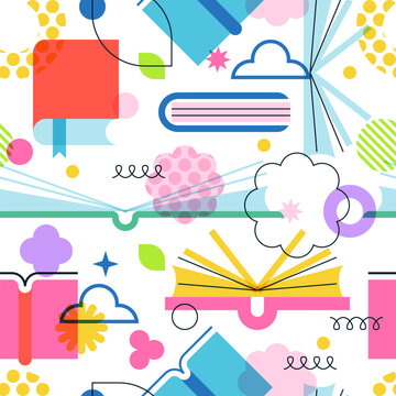Book seamless pattern. Vector geometric illustration of open books, leaves, colorful shapes. Education creative concept