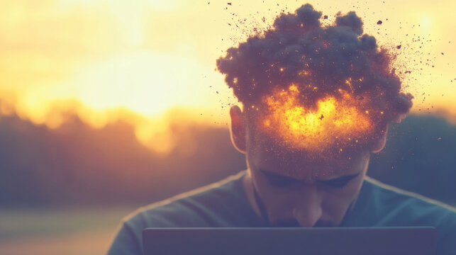 Man contemplating with explosive thoughts at sunset