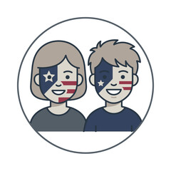 Fototapeta premium Industrial Style of Two Smiling Characters with American Flag Face Paint in a Circular Frame with high quality professional line art symbols for modern creative design and digital branding projects