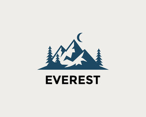 Minimalist abstract mountain range logo design featuring towering peaks, evergreen pine trees, and a crescent moon, symbolizing wilderness adventure and outdoor exploration. Ideal for nature-focused b © Nozie Sky