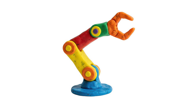 A robotic arm model made of colorful modeling clay isolated on transparent background