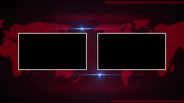 Global news broadcast template with dual screens and red digital map background