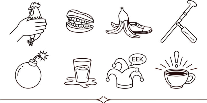 Funny prank line icon set featuring choking chicken chattering teeth banana peel trick and bomb vector