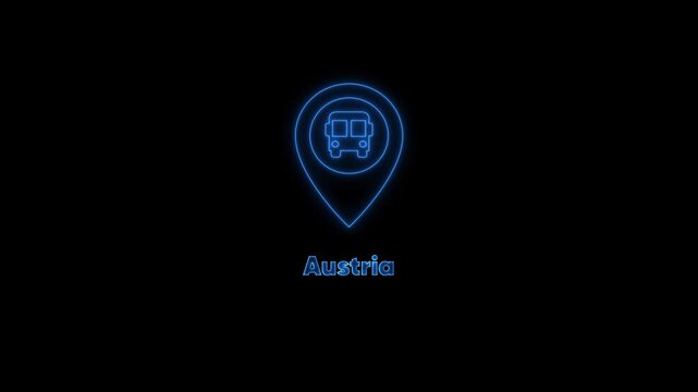 Neon austria travel map pin with airplane animation for tourism and transport