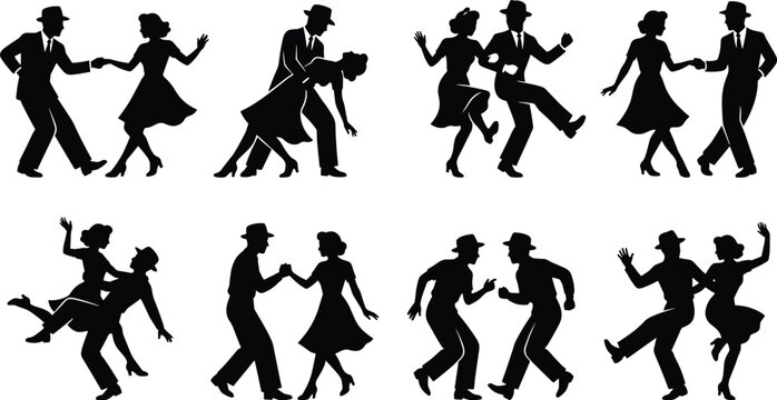 Vintage dancing couple silhouette collection featuring swing and jazz dance partners in retro poses isolated vector illustration set