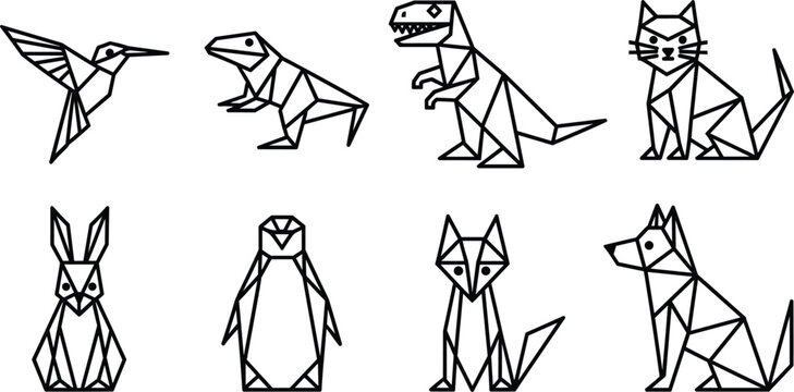 Geometric origami animal icon set featuring minimalist polygonal hummingbird dinosaurs cat rabbit penguin fox and dog vector