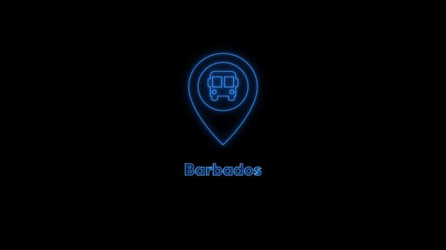 Barbados travel concept neon sign with bus location pin and airplane animation tourism