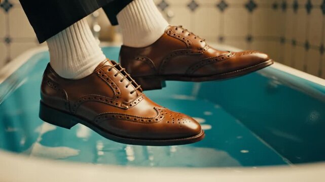 Brown leather brogue shoes over water