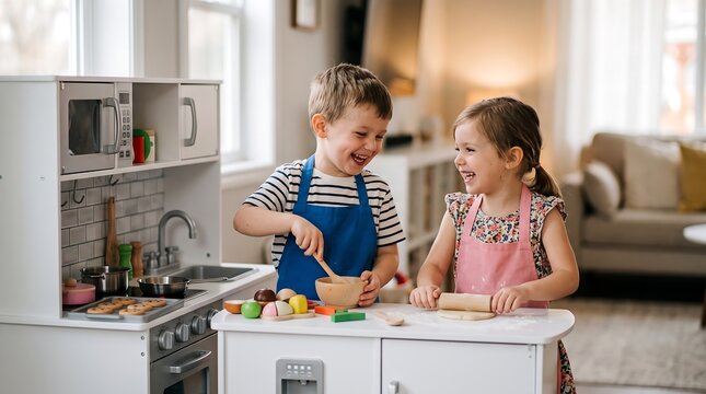Two happy young children playing together with a toy kitchen set, laughing and having fun while pretending to cook in a bright home.