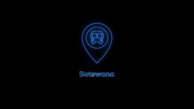 Neon botswana travel map pin with bus animated location marker for tourism projects
